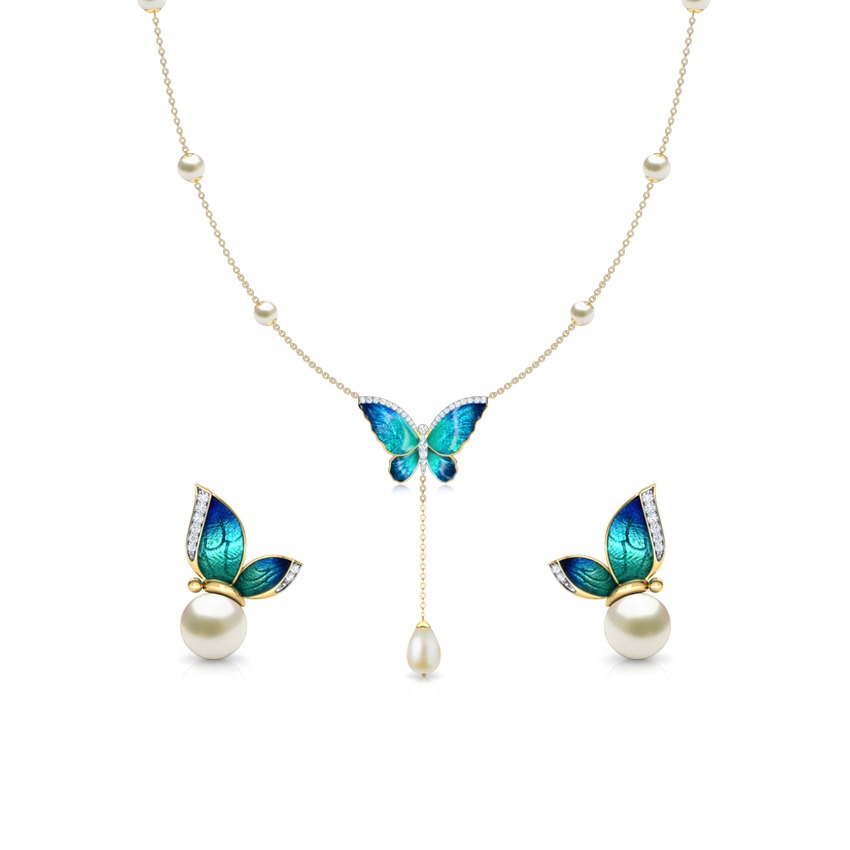 Flared Blue Butterfly Pearl Necklace Set