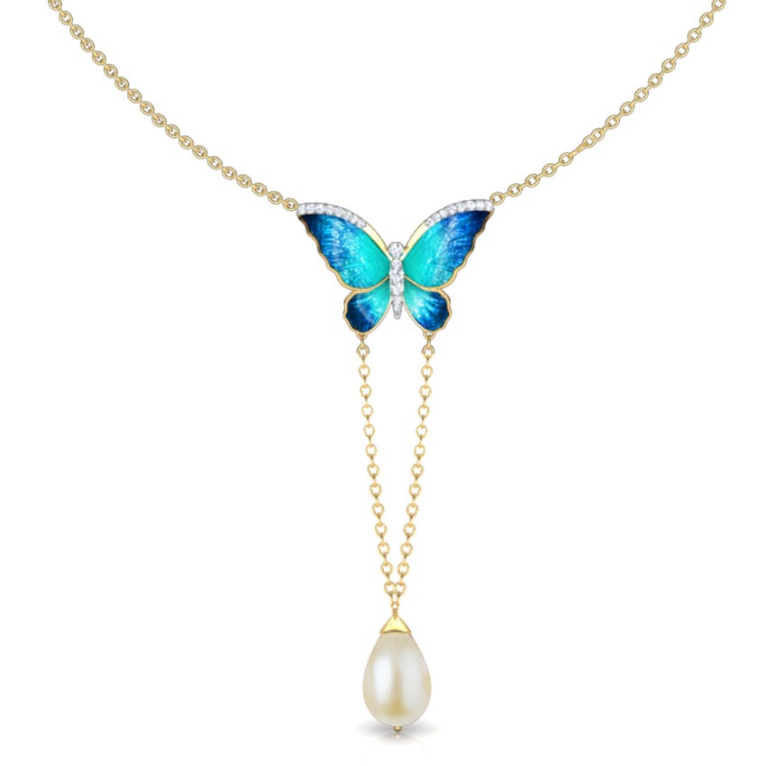 V-Drop Blue Butterfly Pearl Necklace